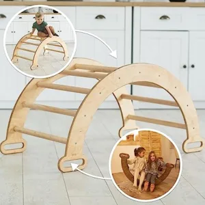 Adaptable rainbow shaped wooden climbing frame. 