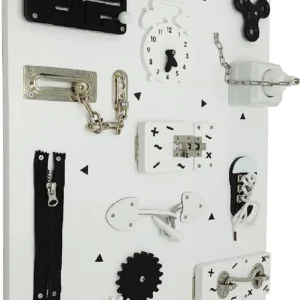 Montessori Learning Toy. Large white board with various interactive fixings such as locks, zips and switches.