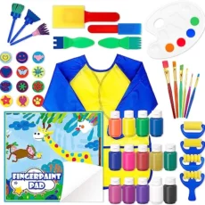 Image shows the elements in the paint set- Sponges, paints, brushes, rollers, play mat and bib.
