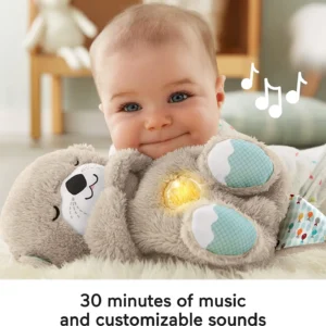 A baby playing with soft toy otter. Text reads: 30 minutes of music and customisable sounds.